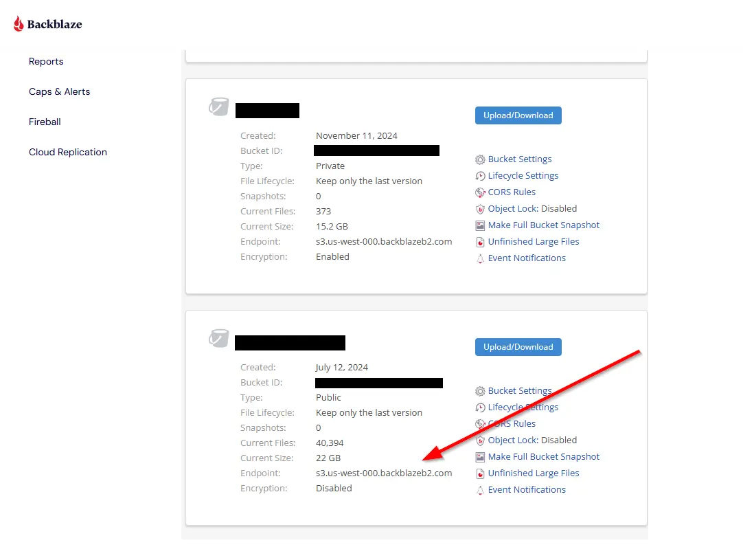 A screenshot of the Backblaze user interface, with an arrow pointing at the endpoint field for a B2 bucket