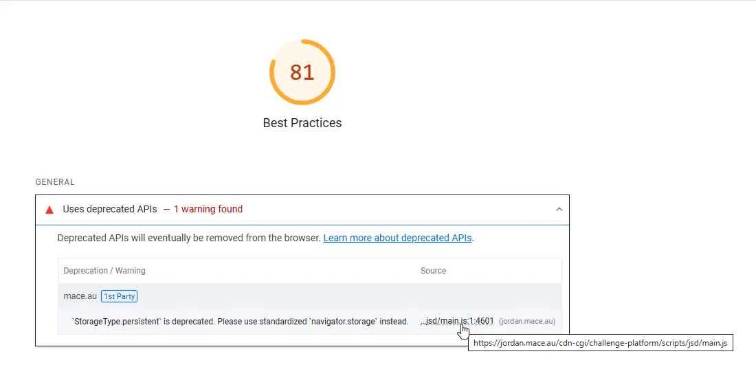 A screenshot of the 81 best practices score