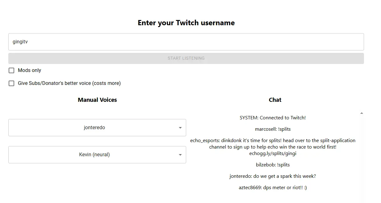 A screenshot of a text-to-speech app for twitch